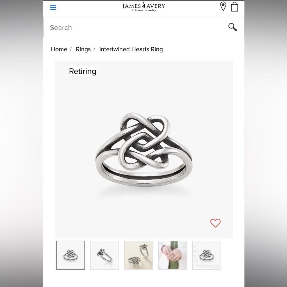 James Avery “Intertwined Hearts Ring” size 7.5